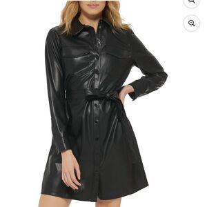 DKNY Womens Faux Leather Mini Shirtdress